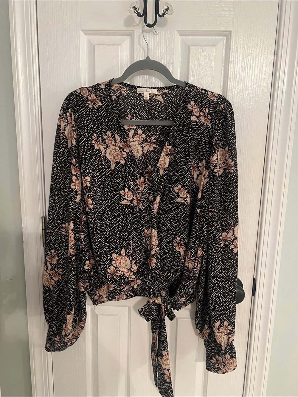 nine britton Black Floral Tie-Front Blouse with Pink Roses
